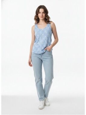 Cynthia Rowley Blue Plaid Daisy Print Racerback Tank Cottagecore Coquette